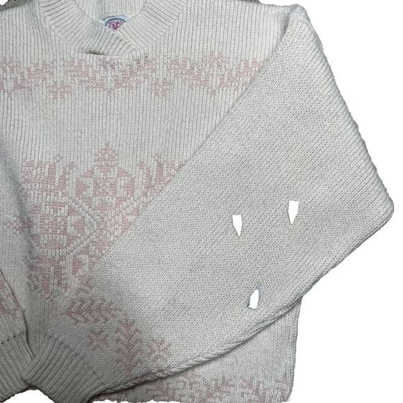 Vintage Thackery Knit Nordic Snowflake Sweater Cream Pink Pullover Sz Medium - Picture 8 of 10